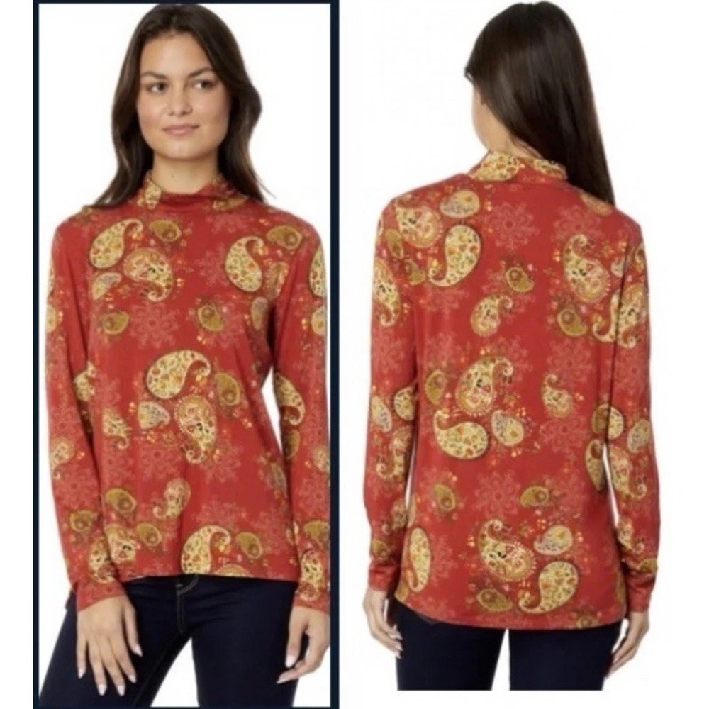 Johnny Was Paisley Mock Neck Tunic Blouse Sz Large Long Sleeve Boho Floral EUC